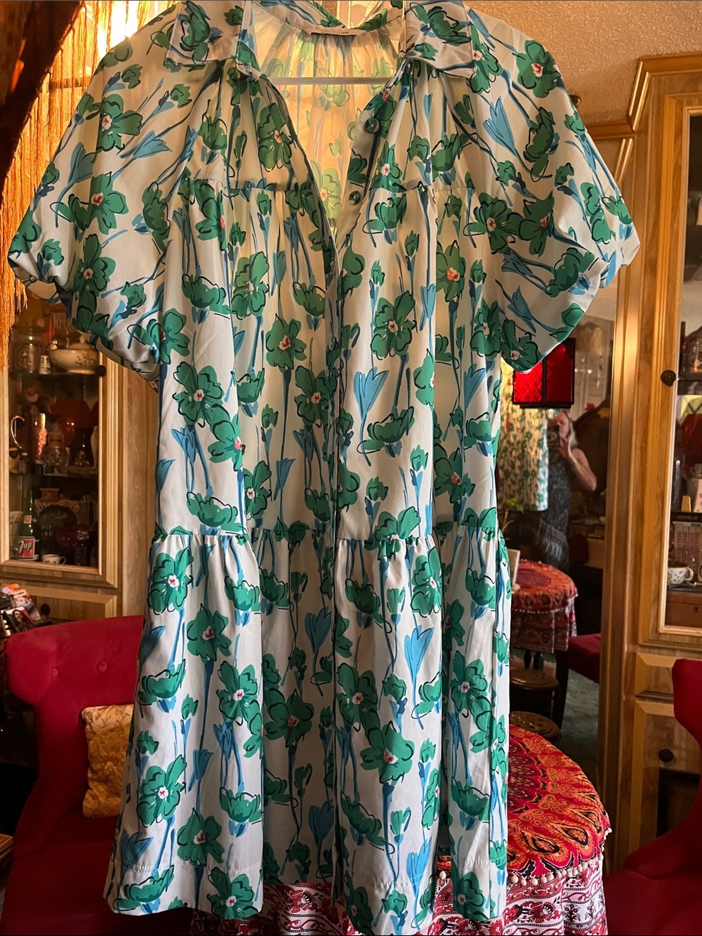Light Blue & Green Floral Tiered Women's Dress